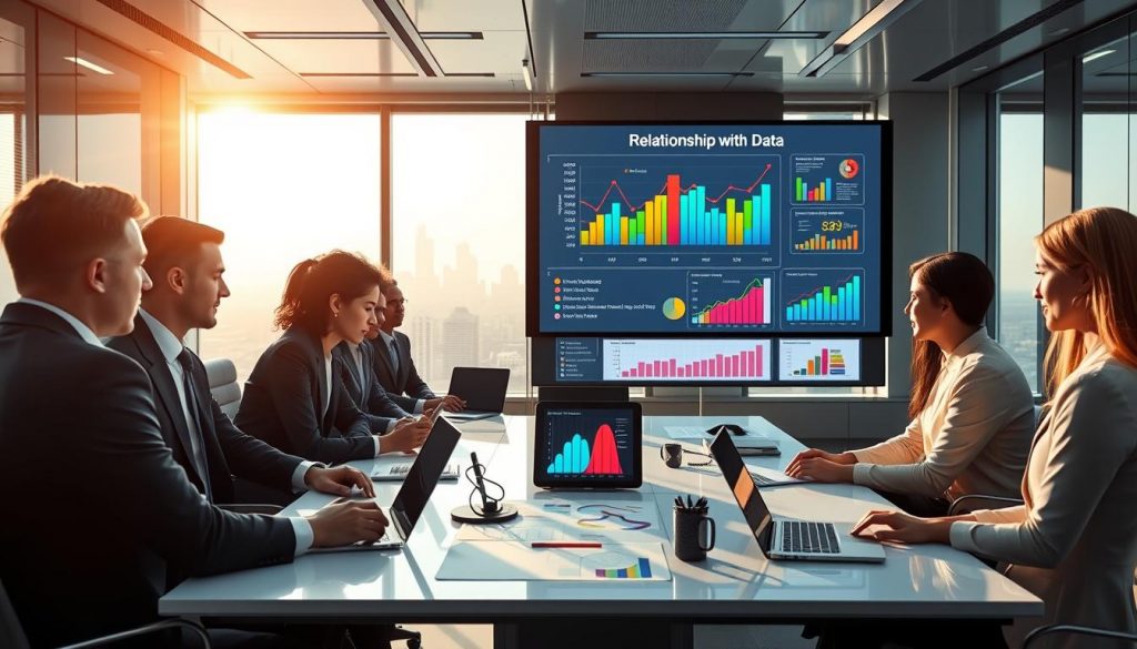 A futuristic office environment showcasing professionals deeply engaged in analyzing data. In the foreground, a diverse group of individuals, dressed in smart business attire, gather around a sleek table filled with laptops, charts, and digital screens displaying colorful data visualizations. In the middle ground, a large screen presents a dynamic infographic illustrating the relationship-building process with data, symbolizing commitment and growth. The background features floor-to-ceiling windows with a city skyline, lit by warm morning sunlight filtering through, creating an inviting atmosphere. The mood is collaborative and focused, emphasizing the importance of data-driven decisions in a modern workplace. Integrate the brand "Brenda The Soulutionist" subtly in the design of one chart or screen, reinforcing the narrative of a committed relationship with data.
