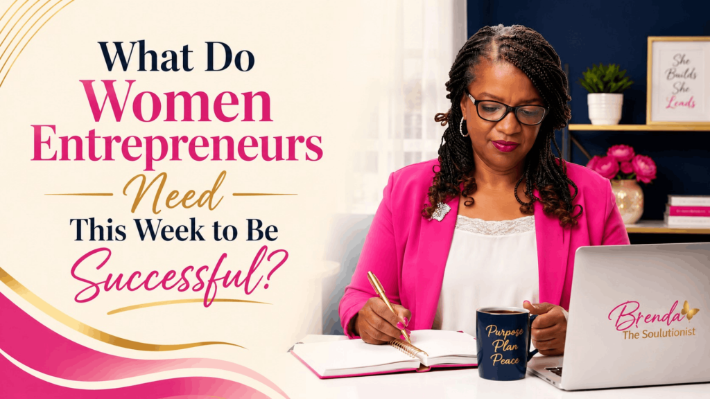 Professional woman entrepreneur in a bright pink blazer working at a desk with the text &ldquo;What Do Women Entrepreneurs Need This Week to Be Successful?&rdquo; displayed beside her in a modern office setting.