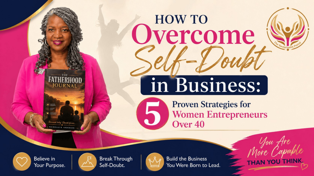 Brenda The Soulutionist pointing toward the title "How to Overcome Self-Doubt in Business: 5 Proven Strategies for Women Entrepreneurs Over 40" in a branded pink, navy, and gold graphic promoting confidence, mindset, and business growth.
