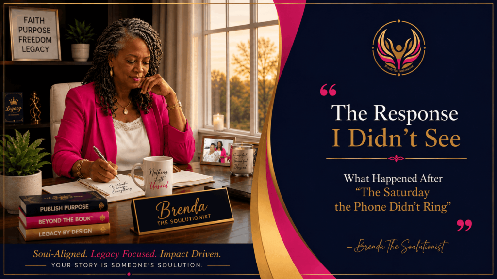 Brenda The Soulutionist reflecting at her desk beside a graphic titled The Response I Didn&rsquo;t See