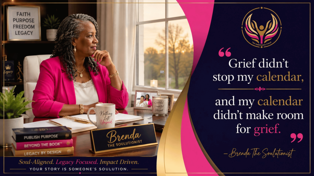 Brenda The Soulutionist sits at her desk looking thoughtfully out a window with the quote, "Grief didn't stop my calendar, and my calendar didn't make room for grief." The image reflects leadership, grief, resilience, intentional living, and entrepreneurship.